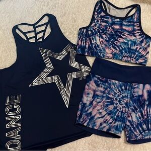 3 piece justice active wear set. Tank-top, shorts, and sports bra. Size: girl 18